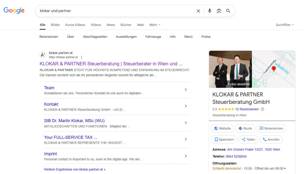 Google Ergebnisse mit Google Business Profil angezeigt